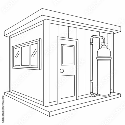 A simple line drawing illustration of a small wooden utility shed with a door two windows and a tall cylindrical tank connected by pipes on the exterior wall