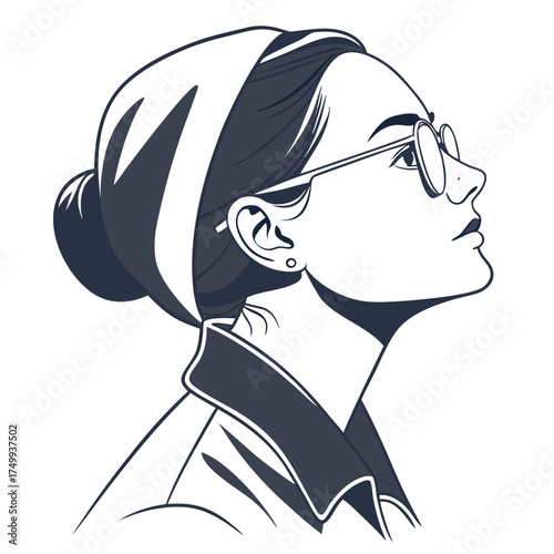 Elegant woman wearing round glasses and hair bun looking upwards with a thoughtful expression in a stylized line art illustration