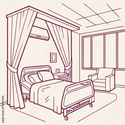 Clean and simple line art illustration of a modern hospital room featuring a medical bed privacy curtains a bedside table an armchair and a large window