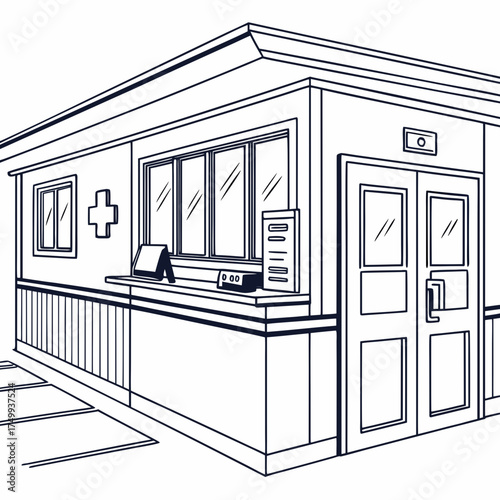 Simple line art drawing of a modern medical clinic reception desk with windows doors and a prominent cross symbol signifying healthcare services
