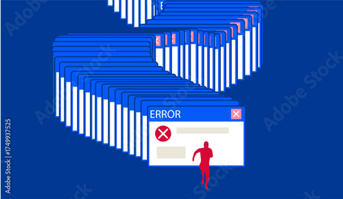 Repeated error windows for software problem in computer, software error illustration