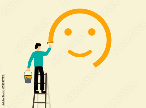 Man painting happy emoticon, illustration showcasing optimism