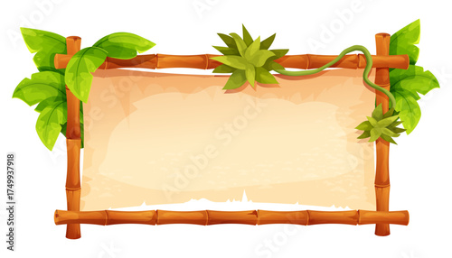 Bamboo frame with empty parchment with jungle leaves and vine. Themed projects game ui border, menu. Old paper textured, bamboo border.