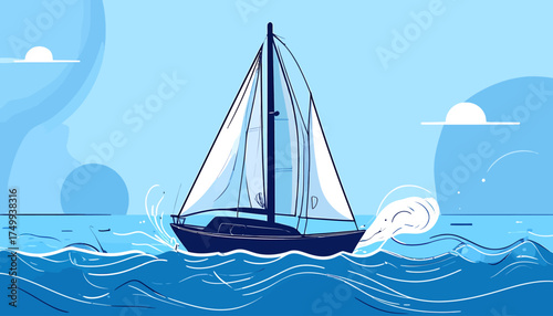 Sailing boat on ocean waves with blue sky