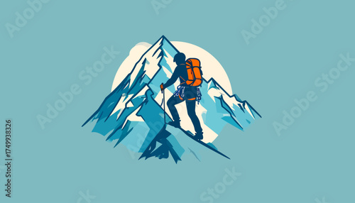 Mountain climber ascending peak with moon backdrop