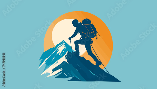 Hiker silhouette on mountain peak with sun