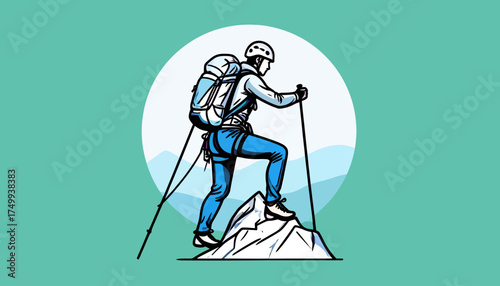 Mountaineer reaching summit with trekking poles