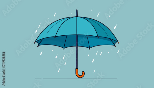 Blue umbrella in rain with transparent background
