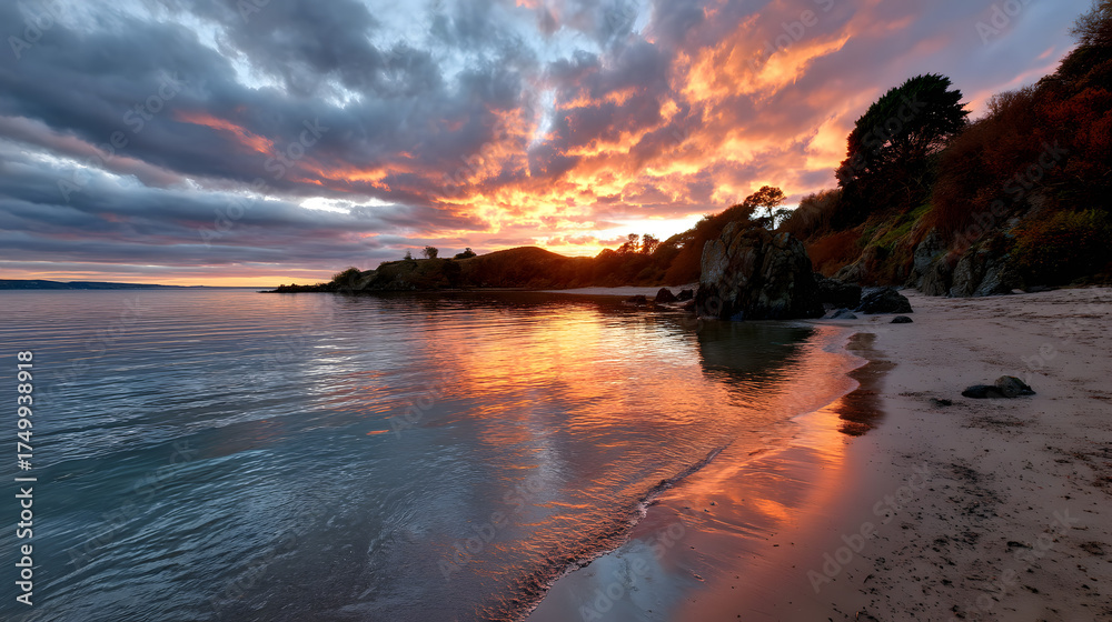 Obraz premium Warm orange and pink hues in the sky over a secluded beach at sunset.