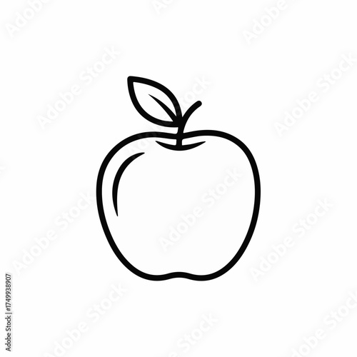 Simple Apple outline shows a single fruit with leaf and stem, an apple illustration for minimalist designs. Simple Apple graphic represents healthy eating and organic food.