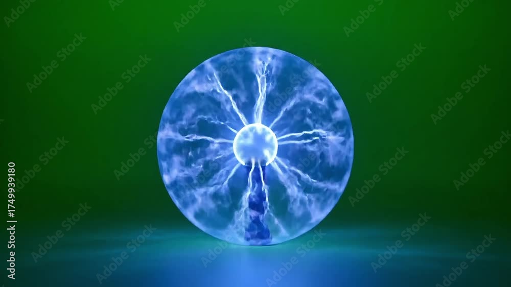 Mesmerizing plasma ball with electric blue tendrils glowing against a dark green backdrop.