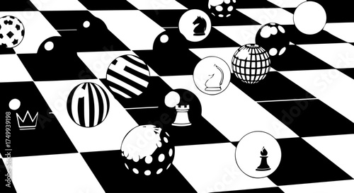 Abstract Black and White Chess Pieces Floating on Checkered Surface.