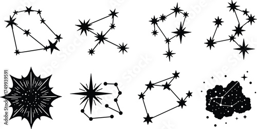 Constellation and star cluster silhouette vector set, cosmic astronomy illustration collection of night sky patterns for astrology and space design concept