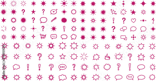 Collection of hand drawn pink speech bubbles question marks stars and exclamation points on white background