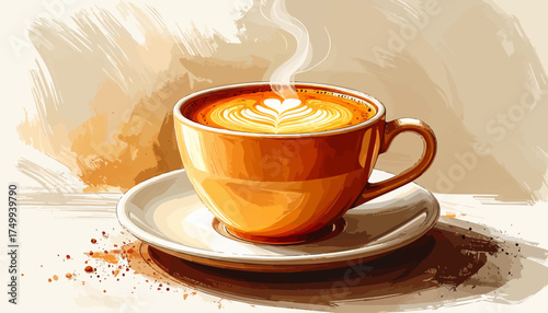 Warm latte art in ceramic cup on saucer
