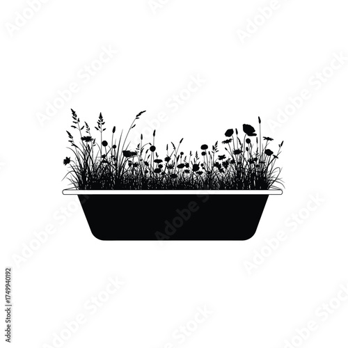Black silhouette of sprouts growing in a rectangular planter
