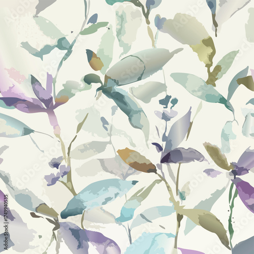 Seamless Watercolor pastel pink, lilac, and mint green flowers and leaves on a white background, Flower seamless pattern. Watercolor print in rustic vintage style, textile or wallpapers.