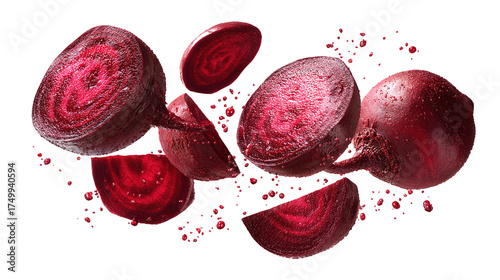flying red beetroot and half slices isolated on transparent white background,