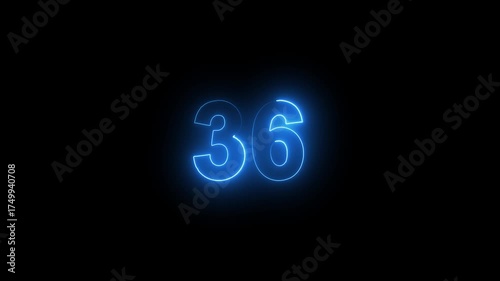 neon text 36 number countdown icon animation on black background .Bright neon glowing number 36 countdown icon.