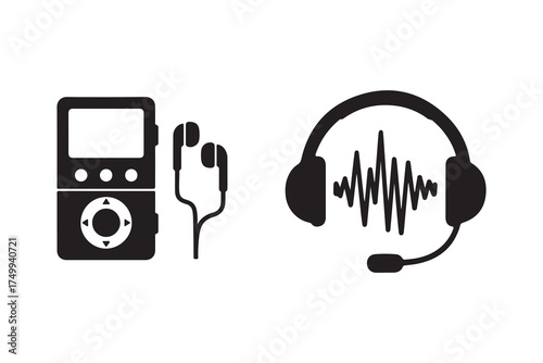 Music Player and Headphones Icon Set – Audio Device Silhouette for Sound, Media, and Podcast Designs