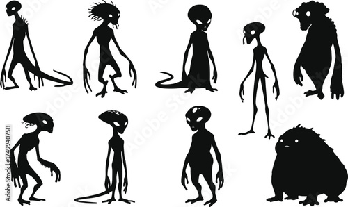 Creepy alien creature silhouettes collection, mysterious monster vector illustration set with fantasy extraterrestrial beings, horror science fiction design for dark concept artwork