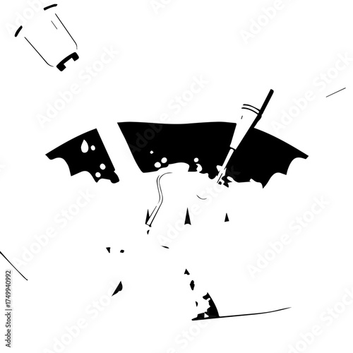 Abstract Black and White Illustration of a Spilled Drink with Straw and Cup.