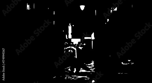 Abstract Black and White Image Depicting a Humanoid Figure with Reflections.