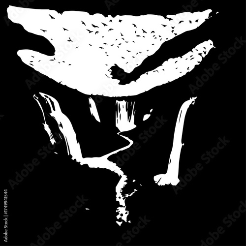 Abstract Black and White Ink Blot Illustration Resembling a Mask or Face.