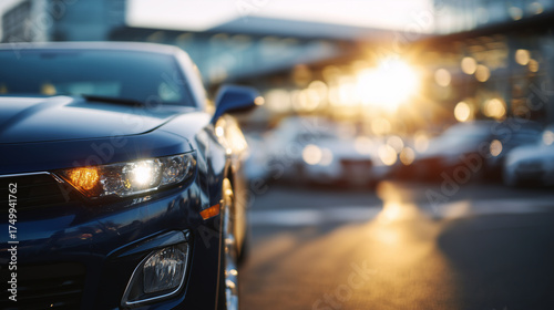Wallpaper Mural Parking lot scene with high-resolution focus on a single vehicle, bright sunlight emphasizing curves and metal surfaces, other cars softly blurred Torontodigital.ca