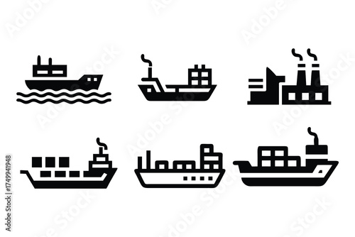 Cargo Ship & Industrial Vessel Icon Set for Shipping, Marine & Logistics