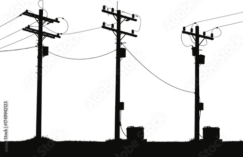 Silhouette of utility poles with transformers, insulators, crossarms, grassy base, electricity distribution, rural infrastructure, industrial landscape, high voltage grid