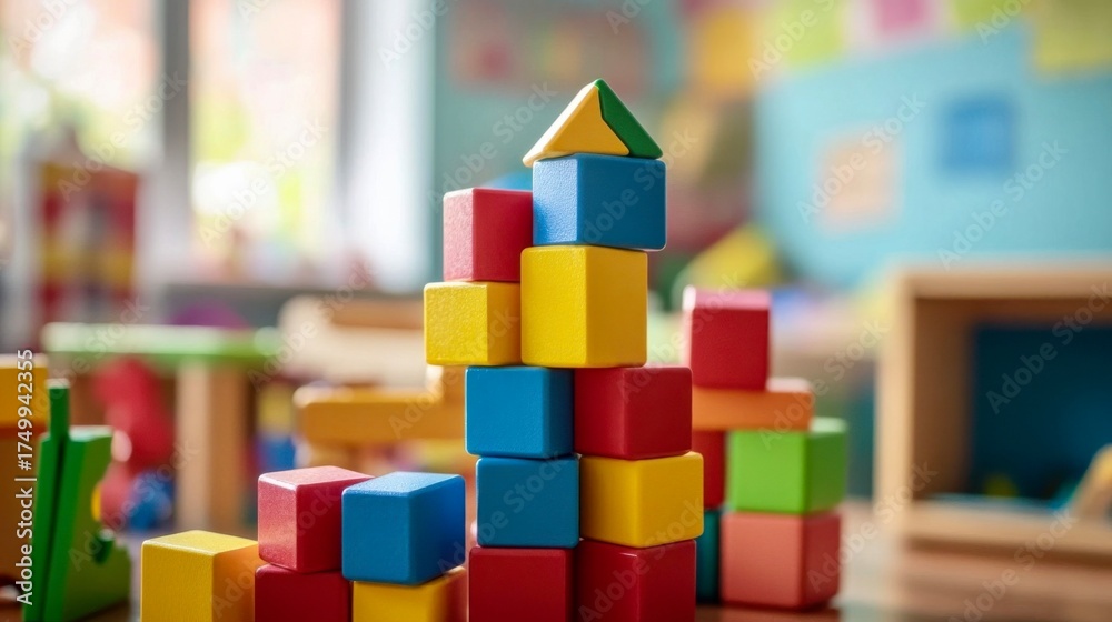 Obraz premium Colorful building blocks arranged in a creative tower in a vibrant playroom setting