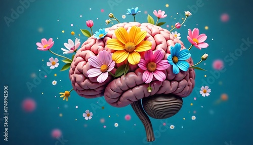 Human brain with spring colorful flowers. World Mental Health day banner. Concept of mental health, self care, happiness, harmony, positive thinking, creative mind, created with generative ai