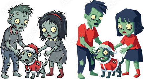 Zombie family dressing dog, Christmas costume fun, spooky pet holiday, cartoon undead characters, festive horror art, Santa outfit, green skin