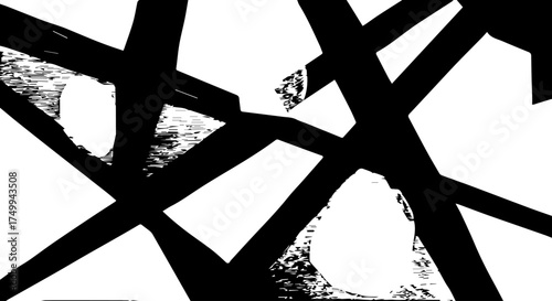 Abstract Black Brushstroke Lines Intersecting on White Background, Textured Appearance.