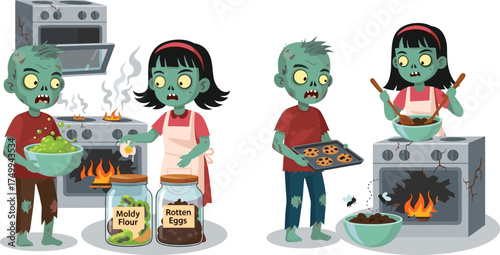 Zombie kids cooking in kitchen, cartoon horror baking, moldy flour, rotten eggs, spooky festive scene, Halloween illustration, funny undead chefs