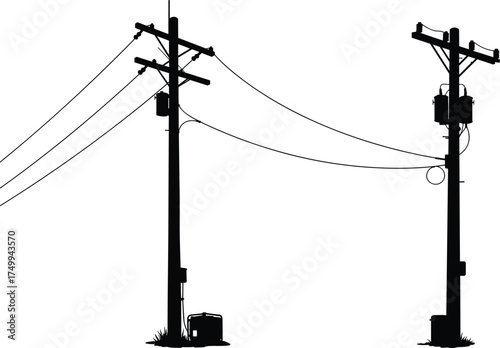 Silhouette of utility poles with transformers, insulators, crossarms, grassy base, electricity distribution, rural infrastructure, industrial landscape, high voltage grid