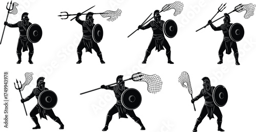 Ancient Roman gladiator silhouettes, trident and net combat poses, retiarius warrior illustration, historical battle scene, dramatic action, black vector art