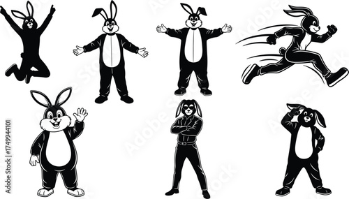 Cartoon rabbit characters, playful bunny costumes, expressive poses, anthropomorphic animals, running, jumping, waving, saluting, fun mascot design, festive illustration for stock use