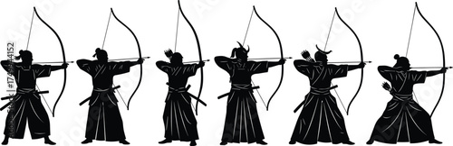 Traditional Japanese archers in synchronized Kyudo stance, silhouette style, longbow practice, martial arts discipline, cultural heritage, hakama uniform, precision, focus, ceremony