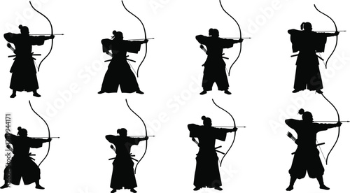 Traditional Japanese archery poses, Kyudo silhouettes, Yumi bow technique, martial arts discipline, cultural heritage, precision movement, ceremonial form, hakama outfit, arrow posture, training