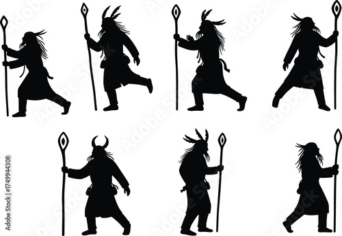 Fantasy shaman silhouettes, mystical staff poses, horned robed figure in motion, magical character design for game, animation, concept art, storytelling, illustration