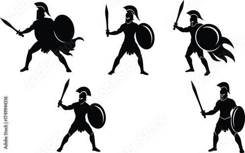 Ancient warrior silhouettes, Greek Roman fighters, sword shield poses, helmeted soldiers, classical battle stances, mythological combat art, antique military illustration, vector graphic