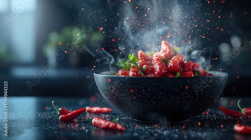 Steaming spiced red food in a dark bowl on a counter with chilies behind