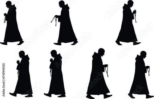 Silhouette of monk holding rosary, spiritual prayer pose, religious devotion, black robe figure, contemplative movement, isolated on white background, minimal style