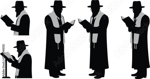 Silhouettes of religious scholar reading book, seated and standing poses, wearing traditional coat, wide-brimmed hat, scarf, spiritual study, Jewish culture
