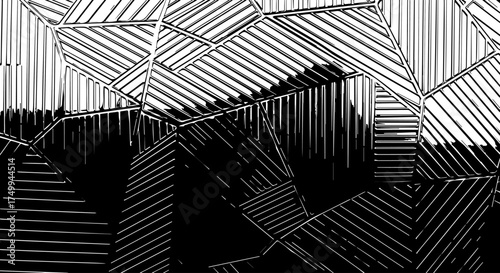 Abstract Geometric Composition with Striated Lines and Contrasting Shadows.