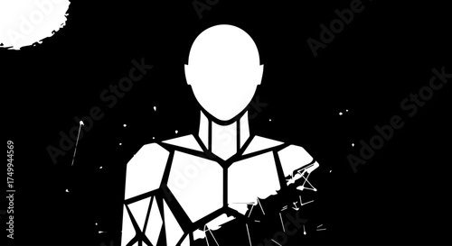 Abstract Geometric Humanoid Figure with Fractured Arm and Minimalist Design.