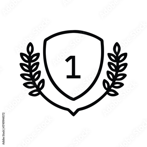 Vector art of shield with laurel wreath and number one symbol of victory, achievement, success, leadership, and first place in competition transparent background
