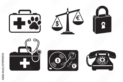 Mixed Icon Set with Medical Kits, Justice Scale, Padlock, Money Disc & Vintage Phone